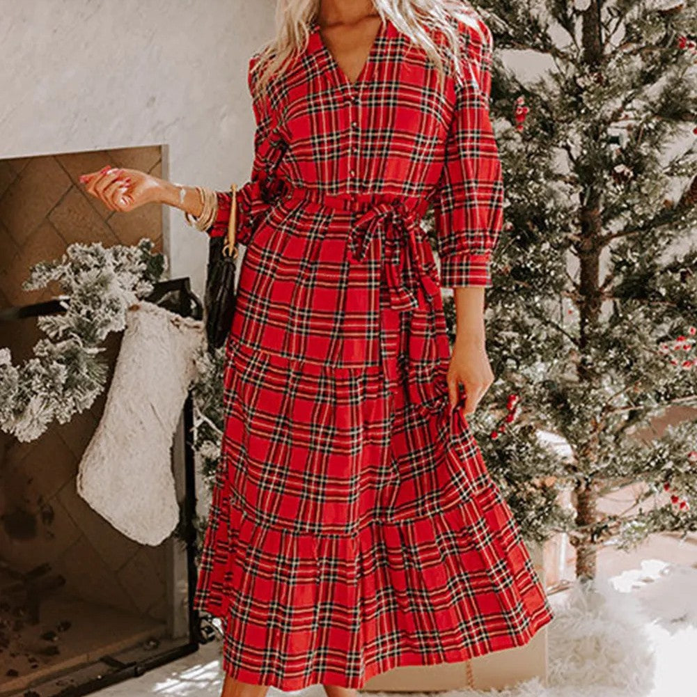Red Plaid V-Neck Dress