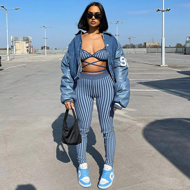 Style Fashion Striped Strap Vest Slim Fit Skinny Pants Suit