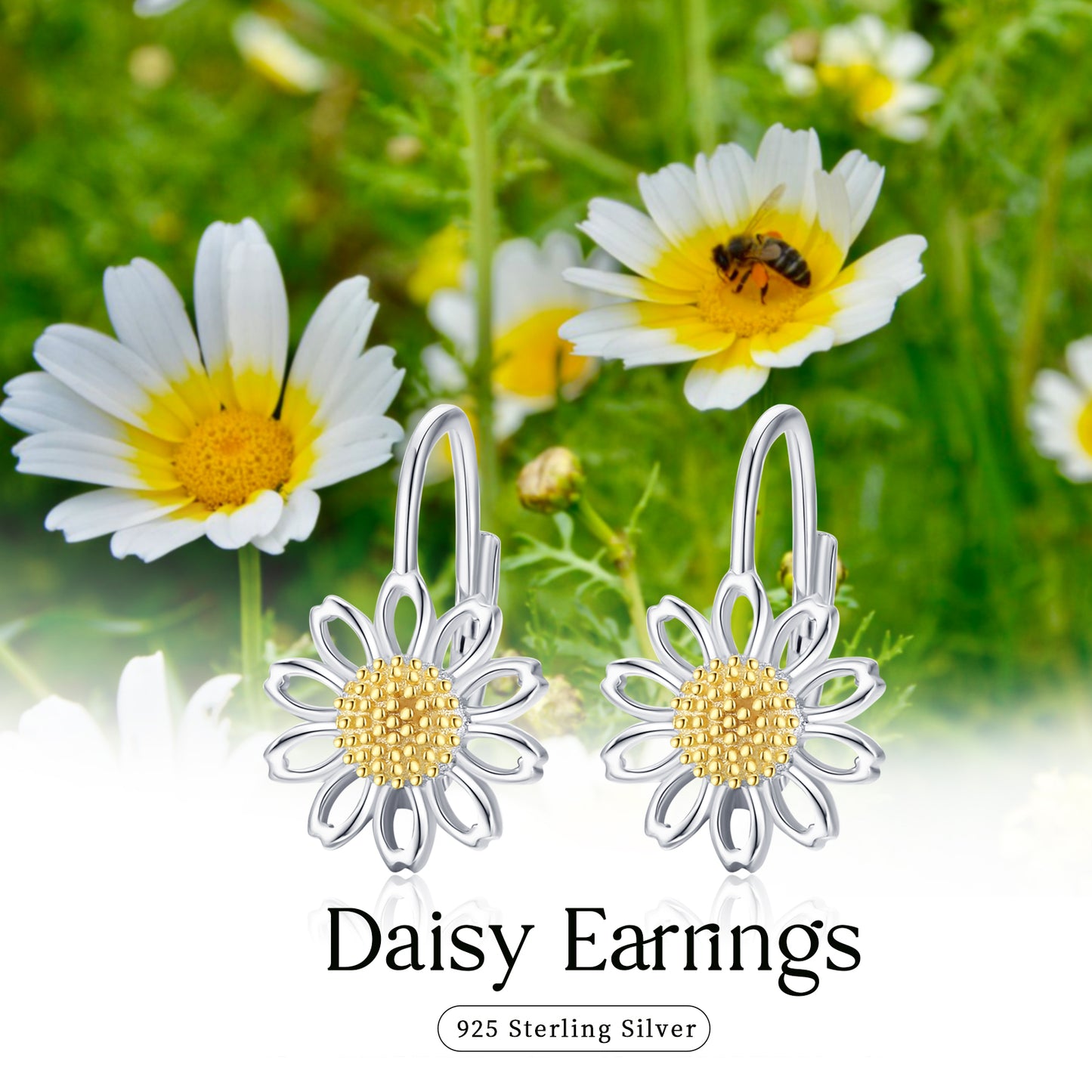 Daisy Leverback Hoop Earrings in White Gold-Plated Sterling Silver