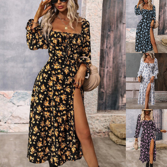 Women's Printing Long Sleeve Square-Neck Bottom Slit Dress