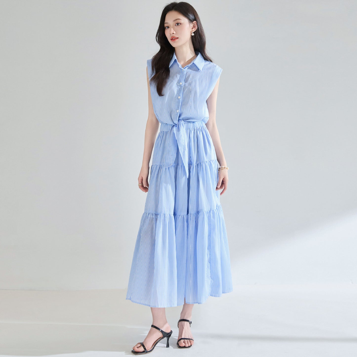 Blue And White Striped Lace-up Waist-tight Three-dimensional Wide Shoulder Fake Two Pieces Shirts Dress