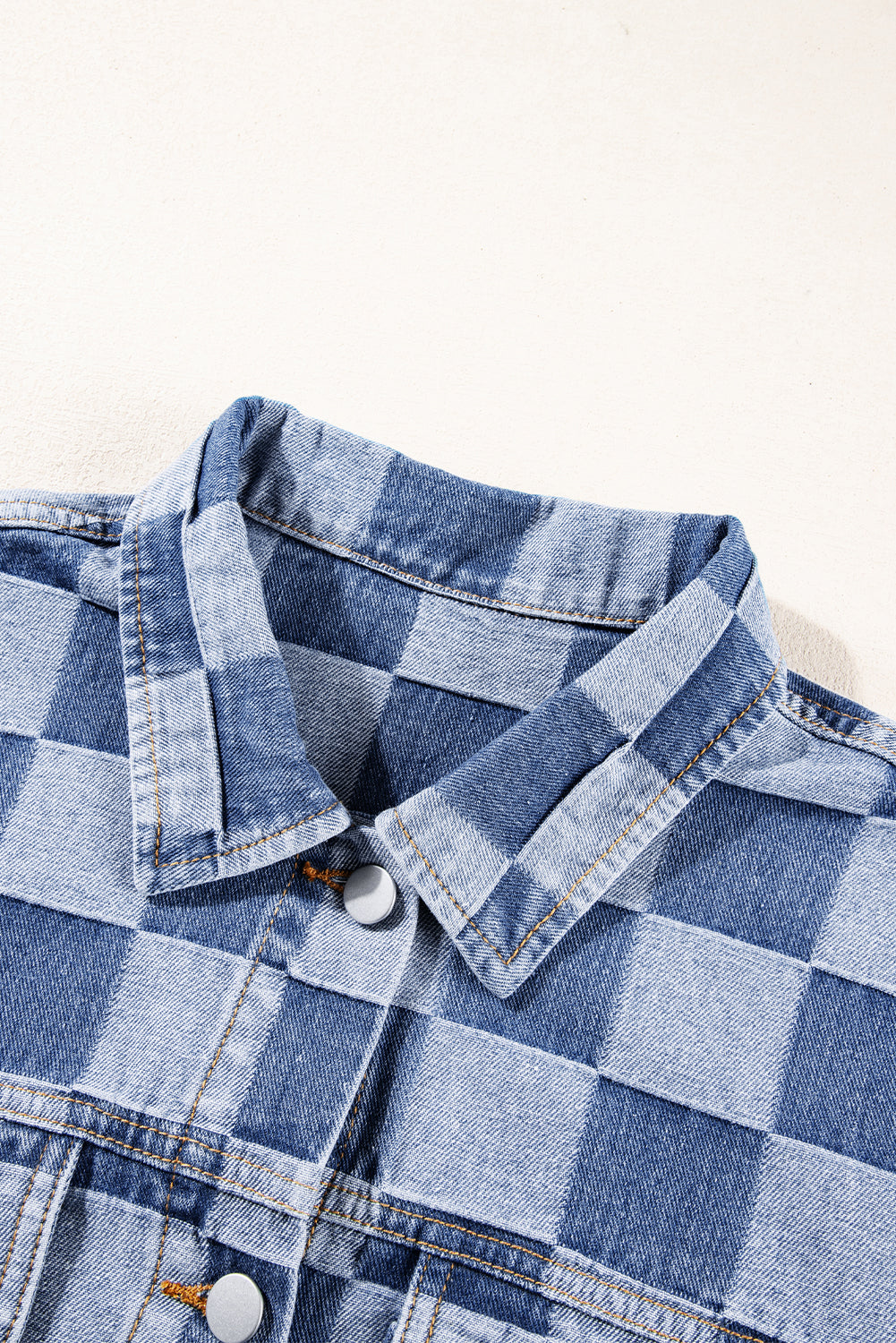 Light Blue Chequered Patchwork Button-Up Denim Jacket