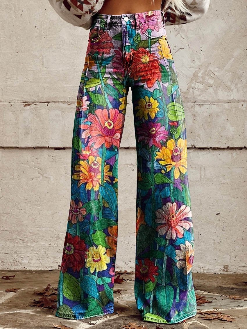 Women's 3D Printed Denim Wide-Leg Pants