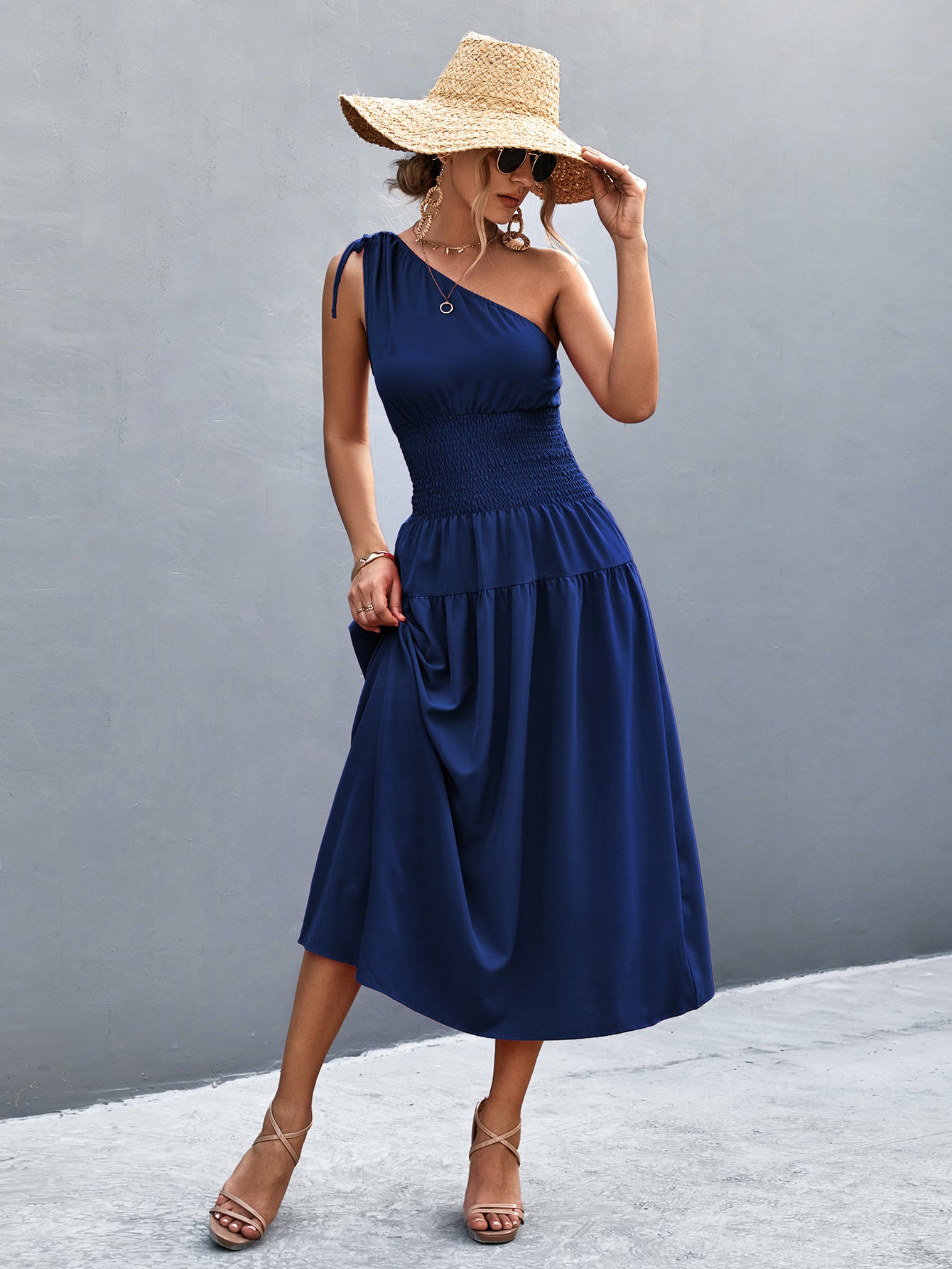 Slant-Shoulder Smocking Dress - European & American Style