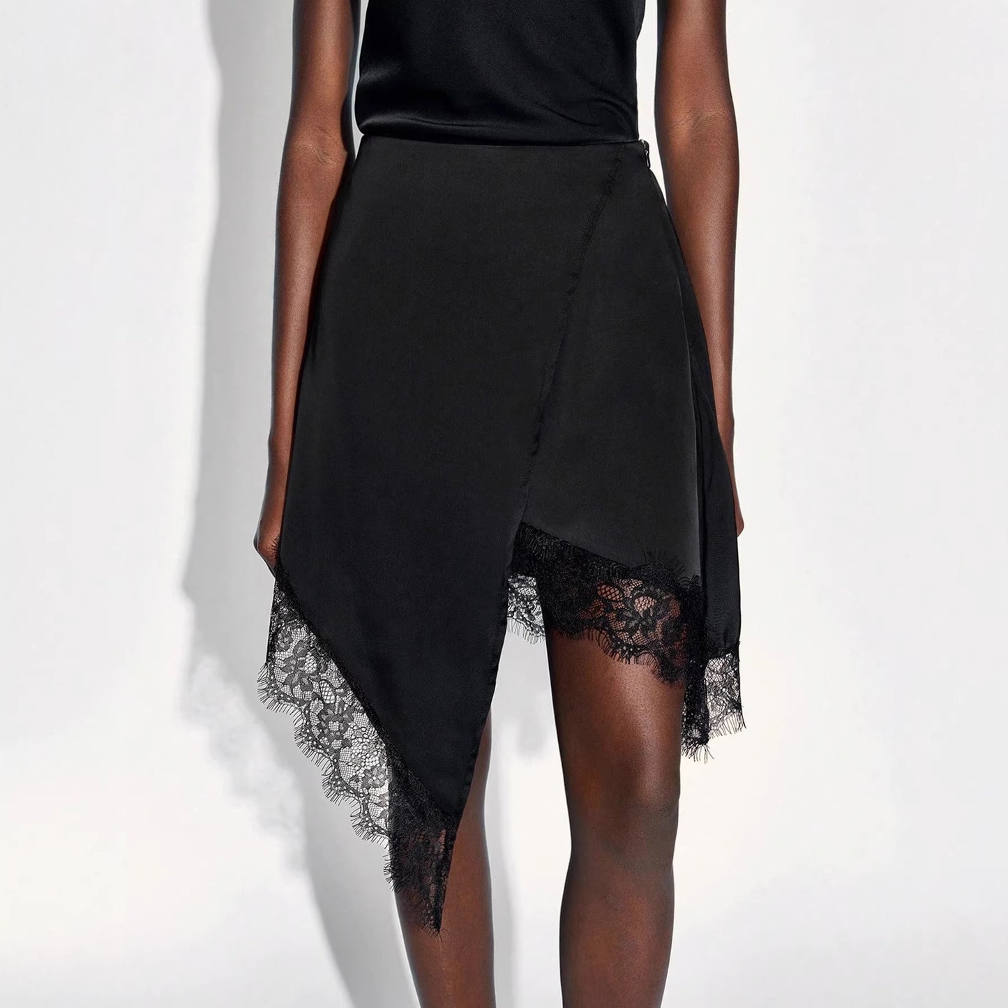 Solid-color Lace-panel A-line Asymmetrical Skirt For Women