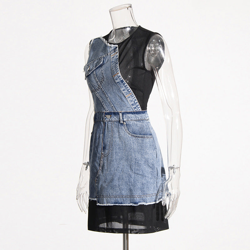 Artistic Denim Stitching Mesh Zipper Dress