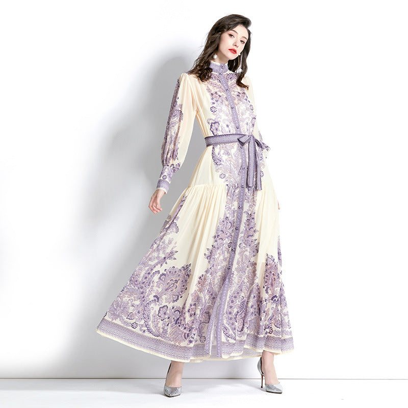 Stand-Up Collar Puff-Sleeve Lace Printing Dress