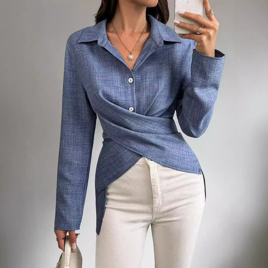 Long-Sleeved Cross-Tied Pleated Top