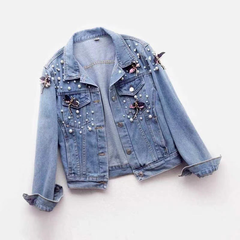 Dragonfly-Beaded Loose Short Denim Jacket