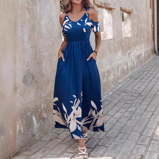 Shoulder-Baring Printed Long Dress