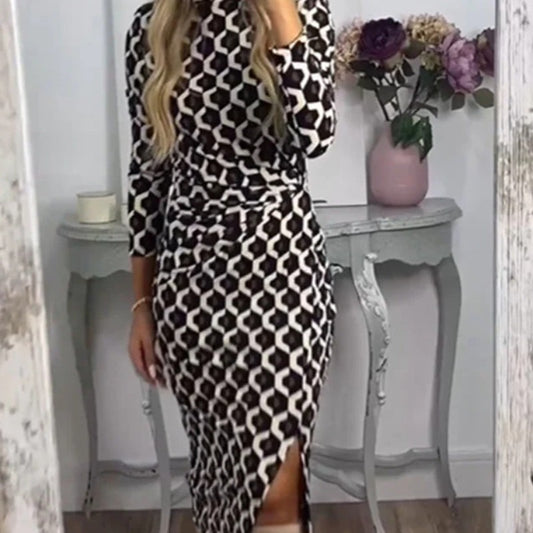Floral Print Split Round-Neck Long-Sleeved Dress