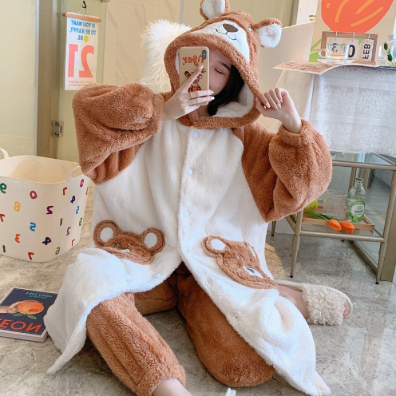 Plush Flannel Cartoon Cute Hooded Pyjamas