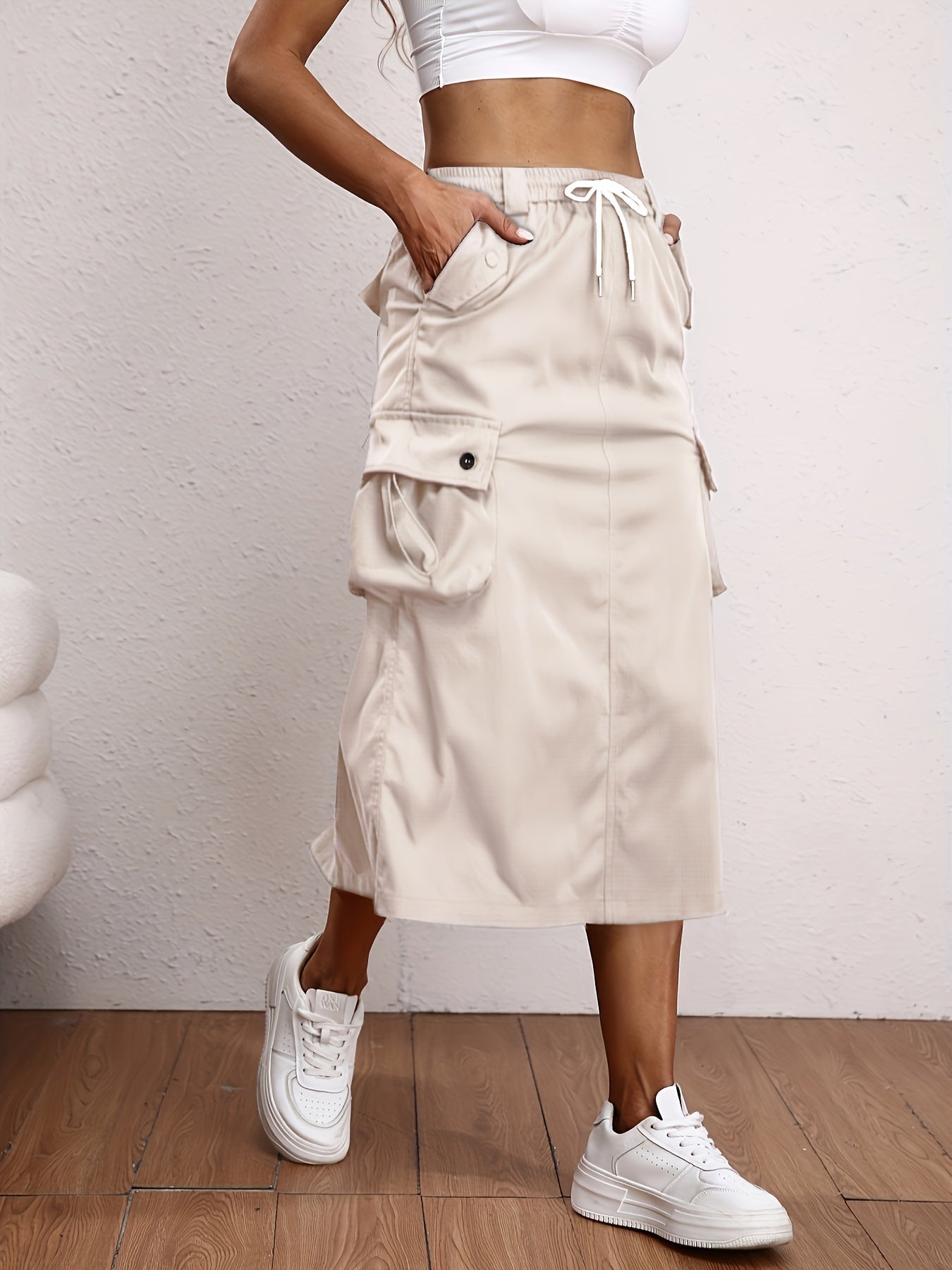 Solid Flap Pockets Skirt