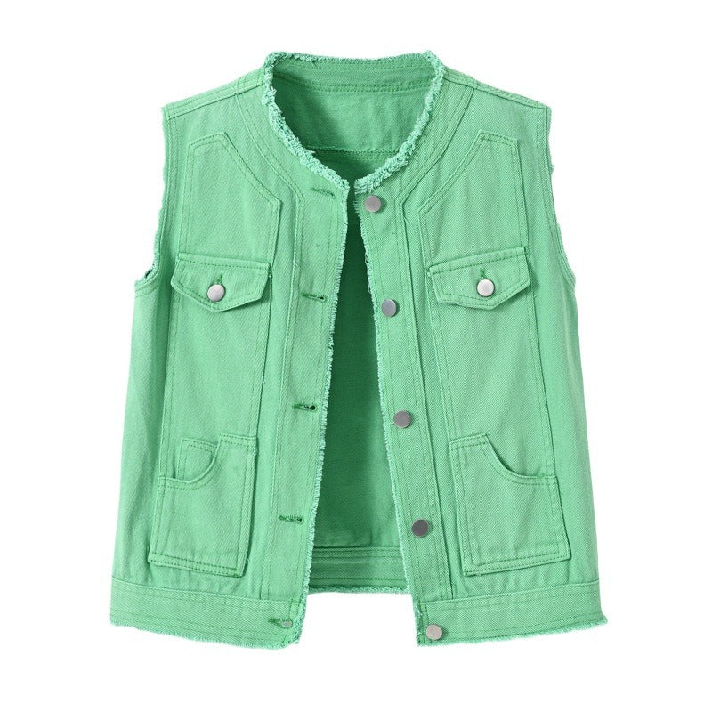 Candy-Colored Sleeveless Waistcoat With Raw Hem Womens Top