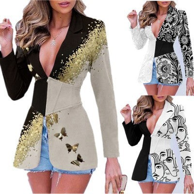 Women's Printed Contrast-Colour Lapel Blazer