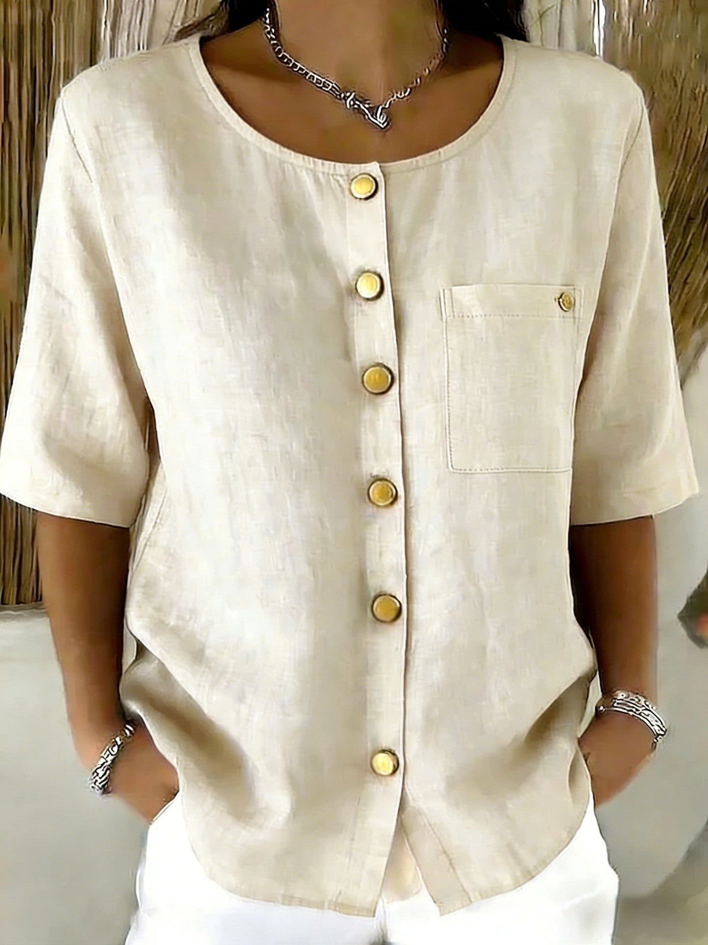 Womens Crew-Neck Shirt With Metal Buttons And Three-Quarter Sleeves