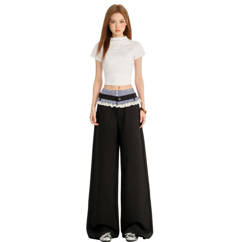Spliced Lace Trim Double-Waistband Trousers