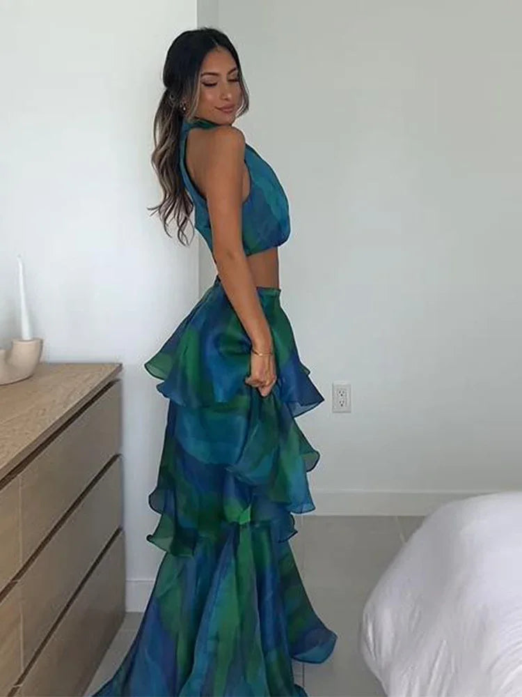 Printed Halter Top & Ruffles Skirt Outfit