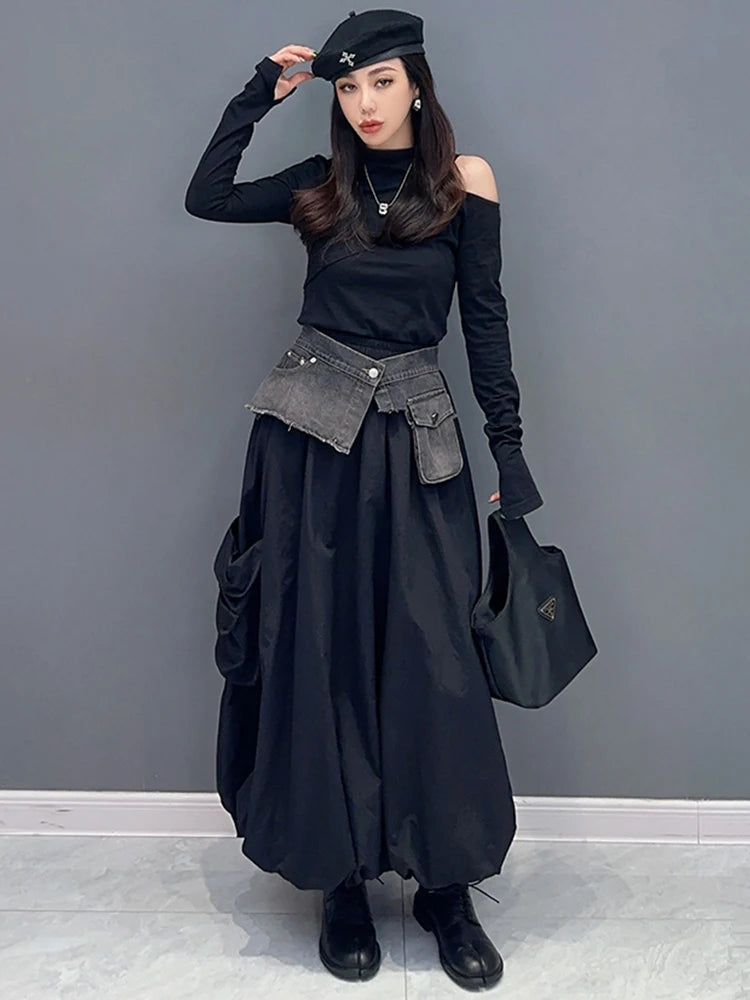 Big Pockets Denim Patchwork Long Skirt