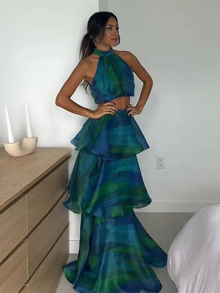 Printed Halter Top & Ruffles Skirt Outfit