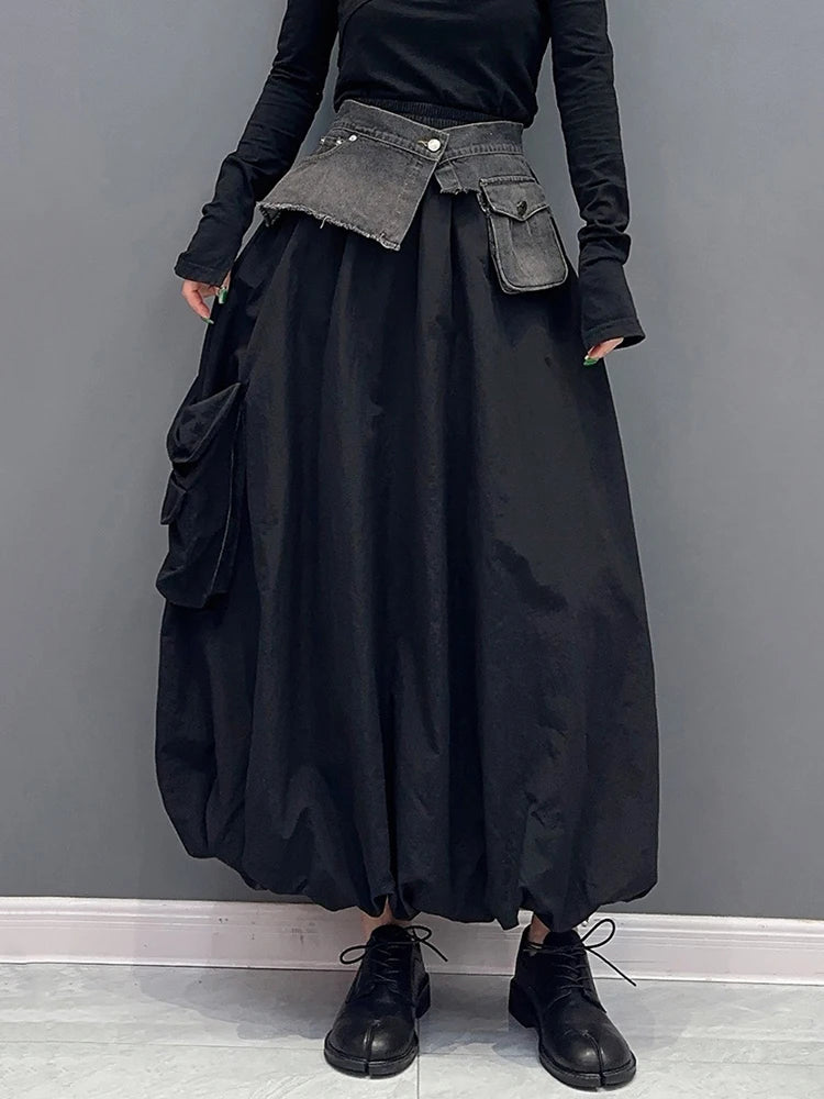 Big Pockets Denim Patchwork Long Skirt