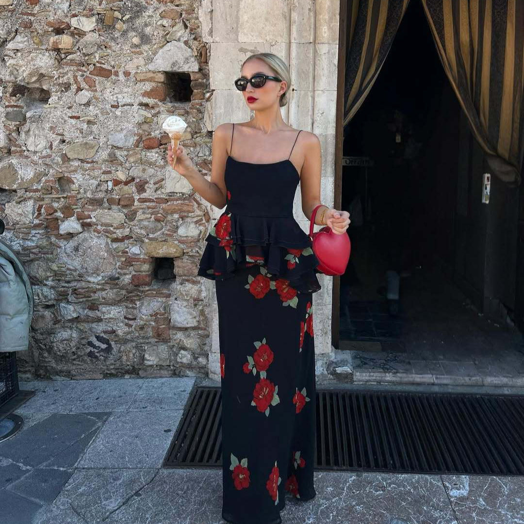 Floral Layered Skirt & Strap Top Outfit