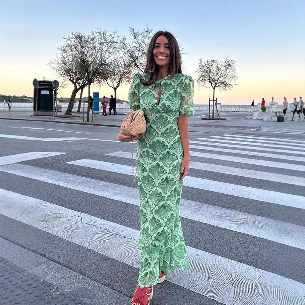 Hollow-Out Printed Tie-Back Backless Fitted Long Dress