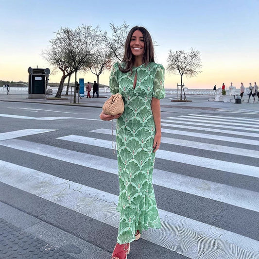 Hollow-Out Printed Tie-Back Backless Fitted Long Dress