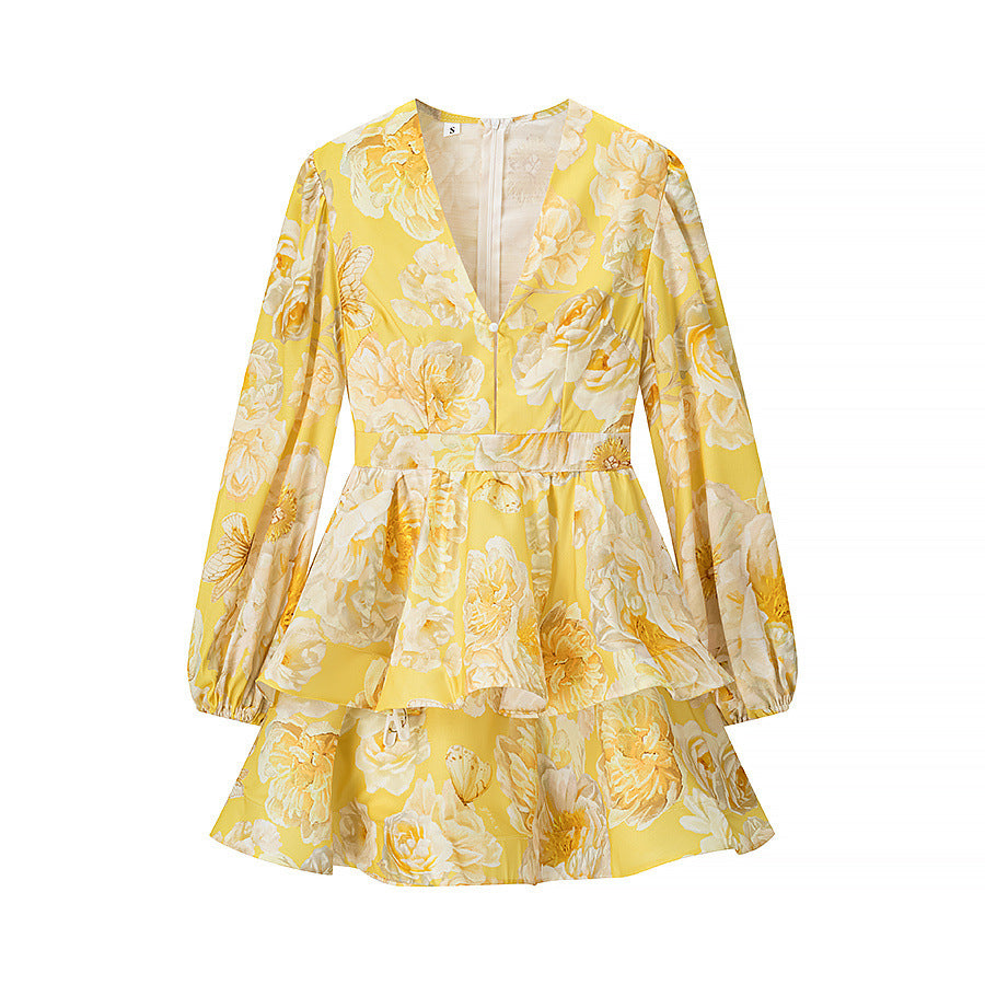 Printed V-Neck Lantern-Sleeve Short Dress