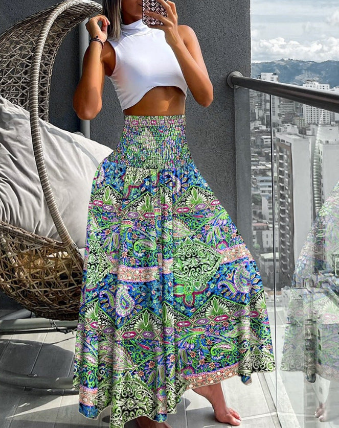 Elastic High-Waist Boho Print Skirt