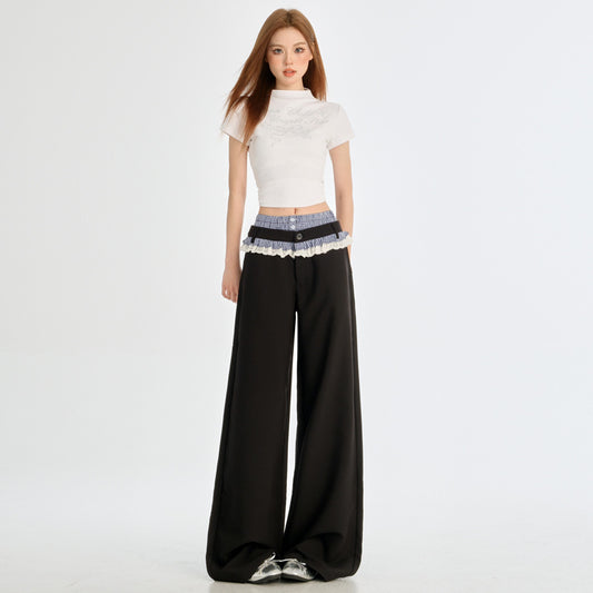 Spliced Lace Trim Double-Waistband Trousers