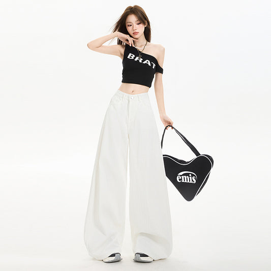 High-Waist White Denim Wide-Leg Pants