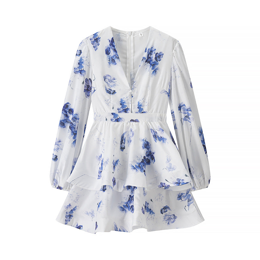 Printed V-Neck Lantern-Sleeve Short Dress