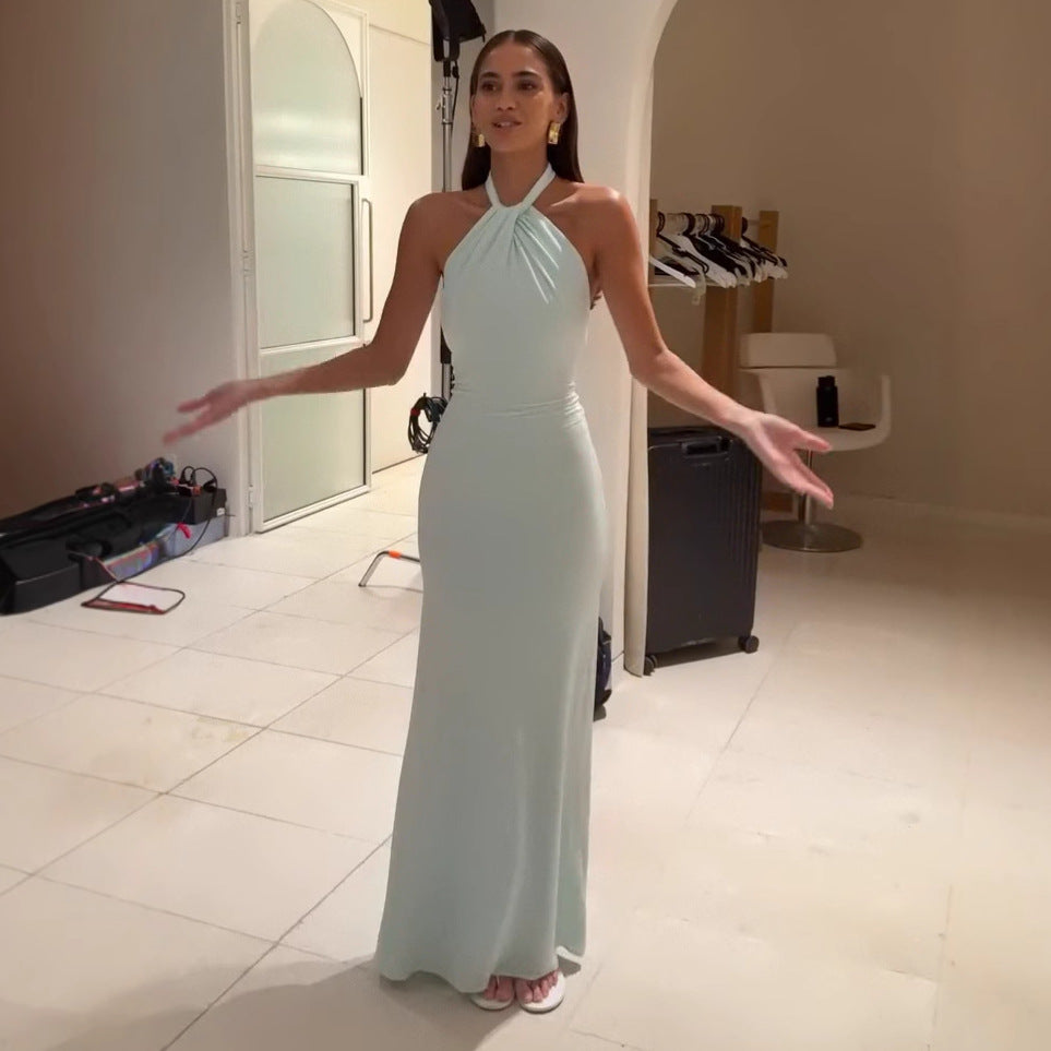 Fitted-Waist Halter Tight Dress With Belt
