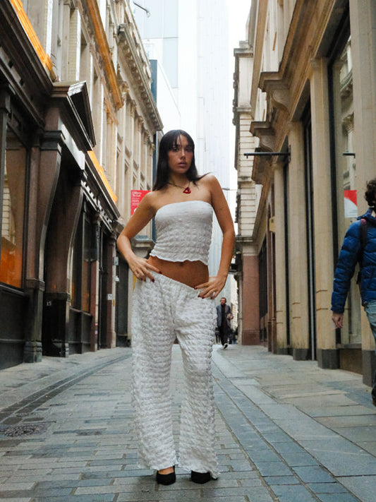 Two-Piece Handmade White Bubble Trousers Set
