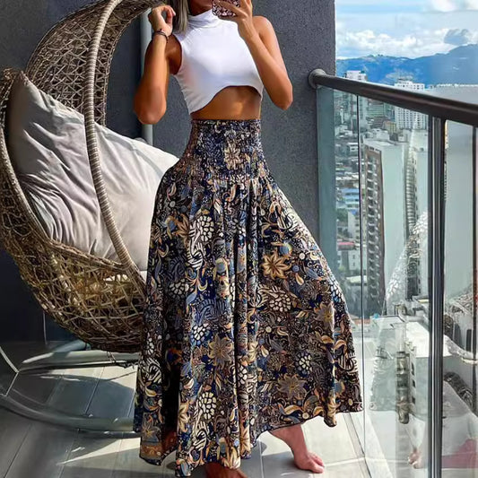 Elastic High-Waist Boho Print Skirt