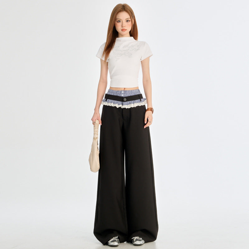 Spliced Lace Trim Double-Waistband Trousers