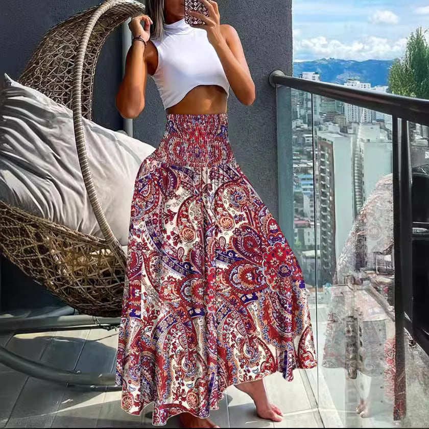 Elastic High-Waist Boho Print Skirt
