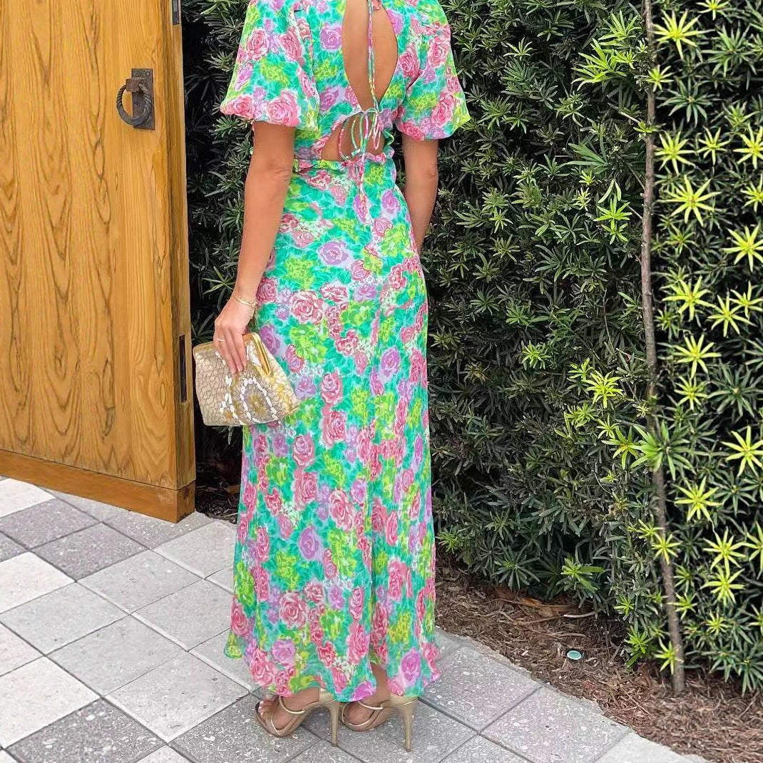 Charming Bubble-Sleeve V-Neck Printed Dress