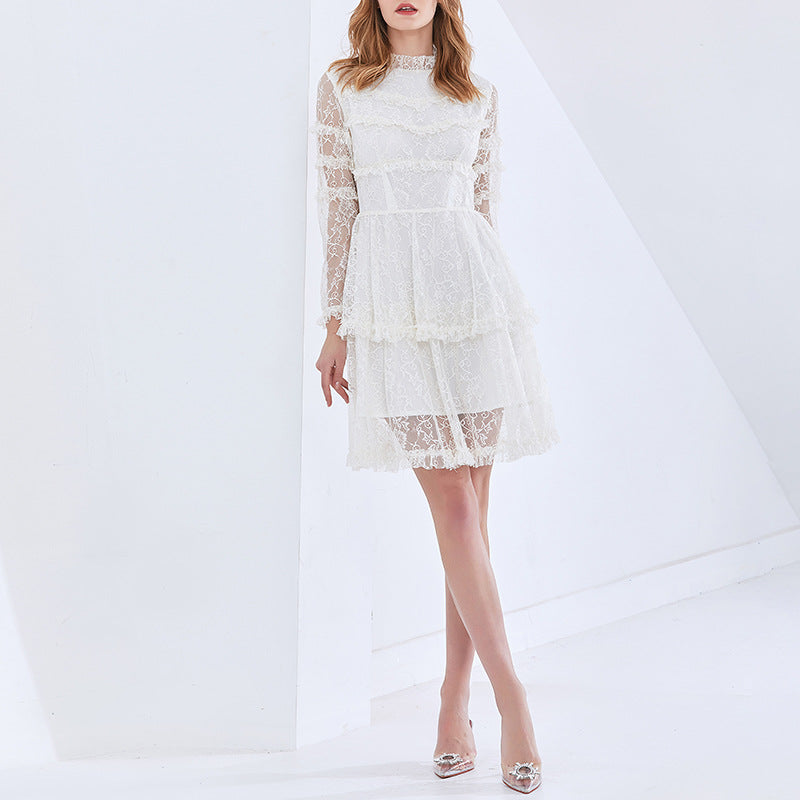 Elegant Crochet Hollow Double-Layer Lace Dress