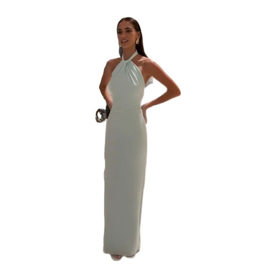 Fitted-Waist Halter Tight Dress With Belt