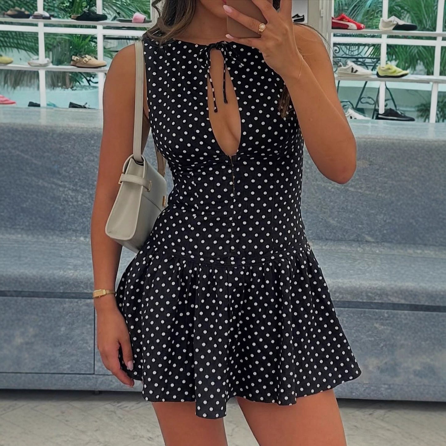 Deep V-Neck Hollow Lace-Up Polka Dot Dress