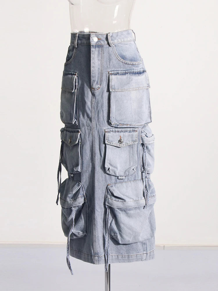 High-Waist Patchwork Pocket Cargo Skirt