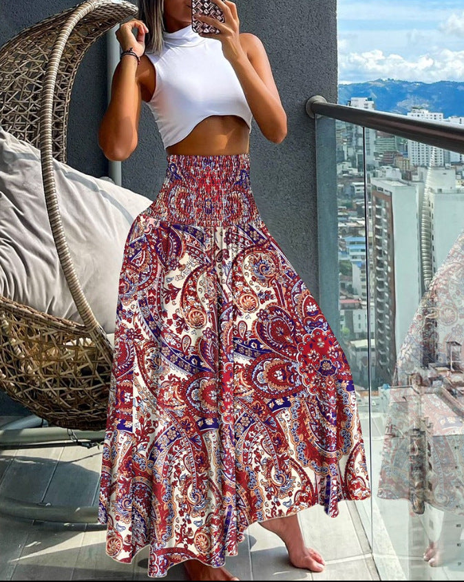 Elastic High-Waist Boho Print Skirt
