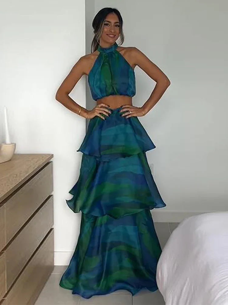 Printed Halter Top & Ruffles Skirt Outfit