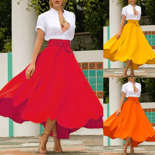 Solid-Colour High-Waist A-Line Pleated Bow-Belt Flared Skirt