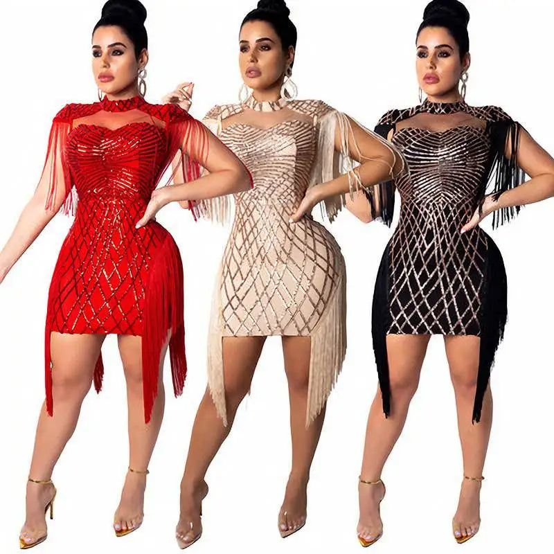 Mesh Sequins Bodycon Party Dress