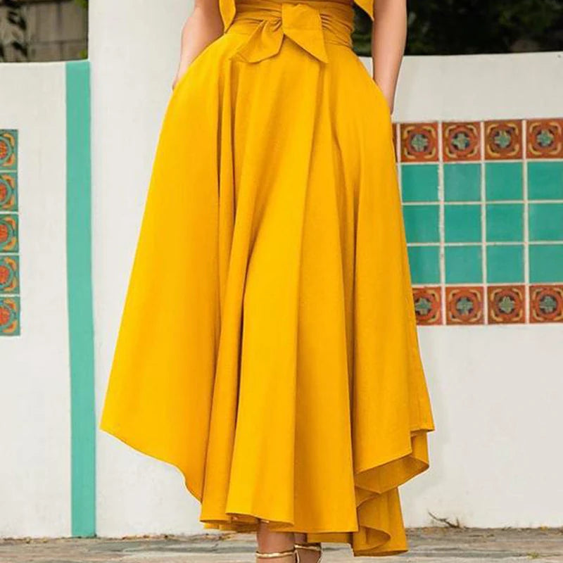 Solid-Colour High-Waist A-Line Pleated Bow-Belt Flared Skirt