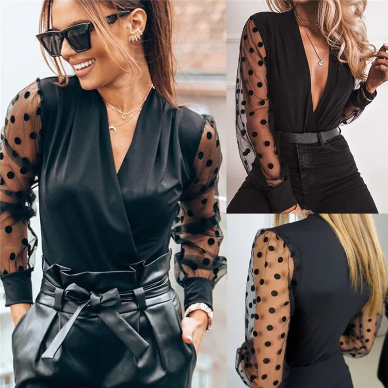 Deep V-Neck Transparent Polka Dot Mesh Blouse