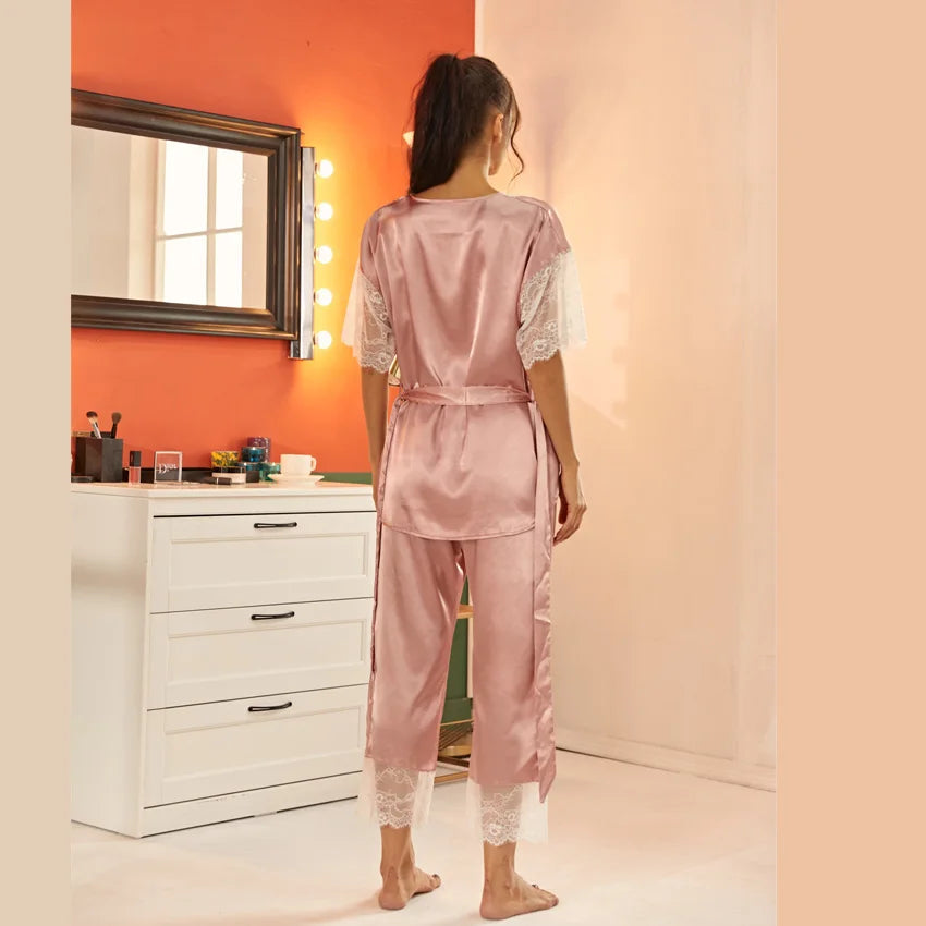 Contrast Lace Scallop Trim Belted Satin Top & Long Pants - Women's Sleepwear